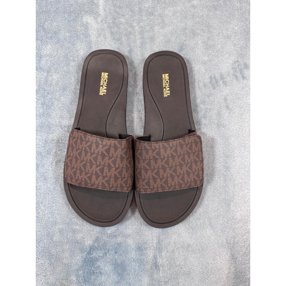 Michael Kors MK Slide Sandals 8M Brown Monogram Logo Print